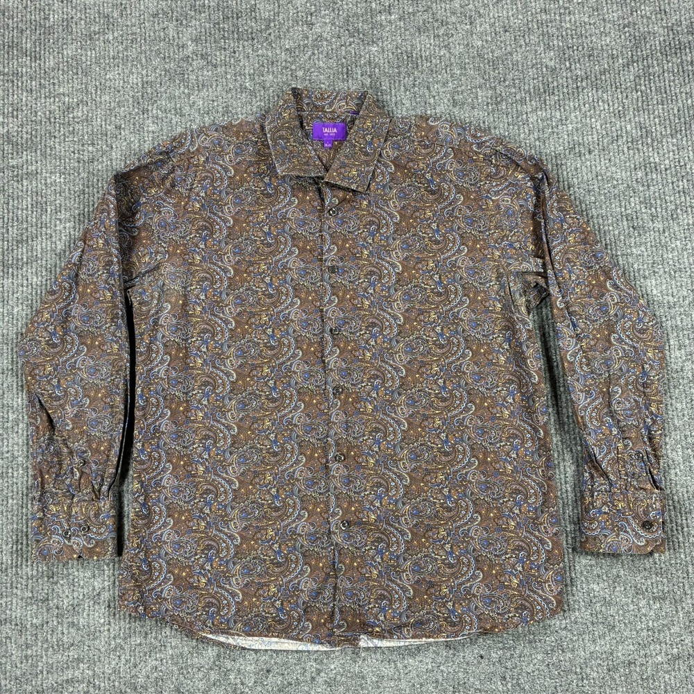 Tallia Mens Button Up Shirt L 16.5 Paisley Brown Blue Long Sleeve 100% Cotton